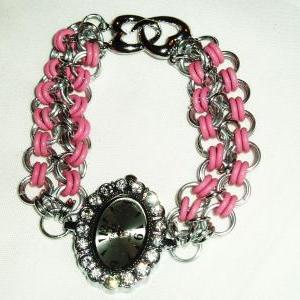 Pink Rubber Band Chain Maille Bracelet Watch
