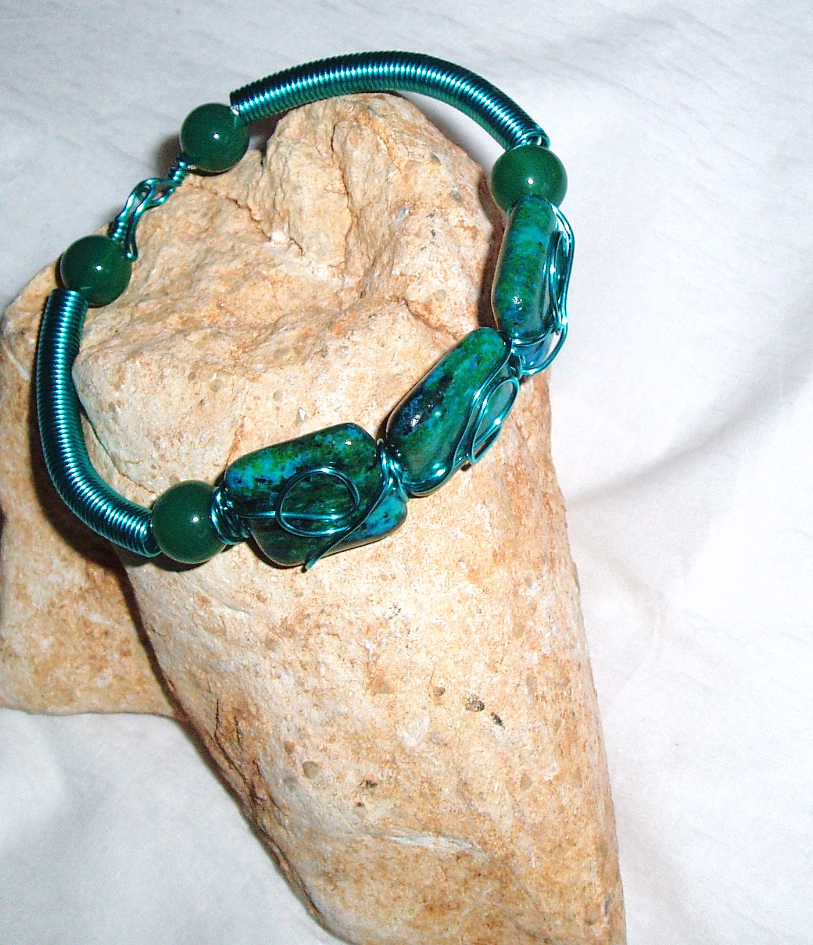 Green Chrysocolla And Turquoise Wire Coil Bracelet Handmade Jewelry