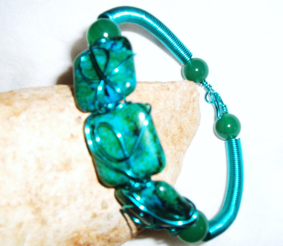 Green Chrysocolla And Turquoise Wire Coil Bracelet Handmade Jewelry