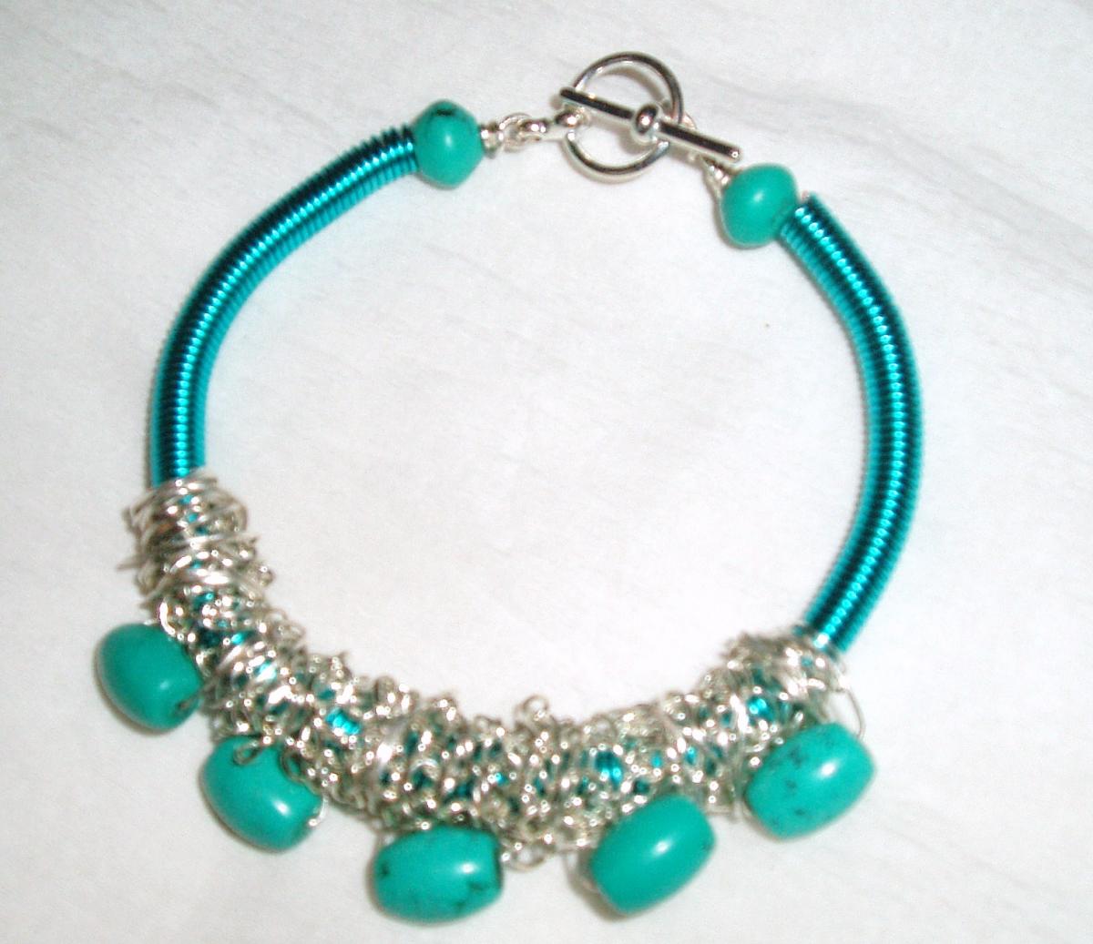 Turquoise Gemstone And Turquoise Wire Coil Bracelet Handmade Jewelry