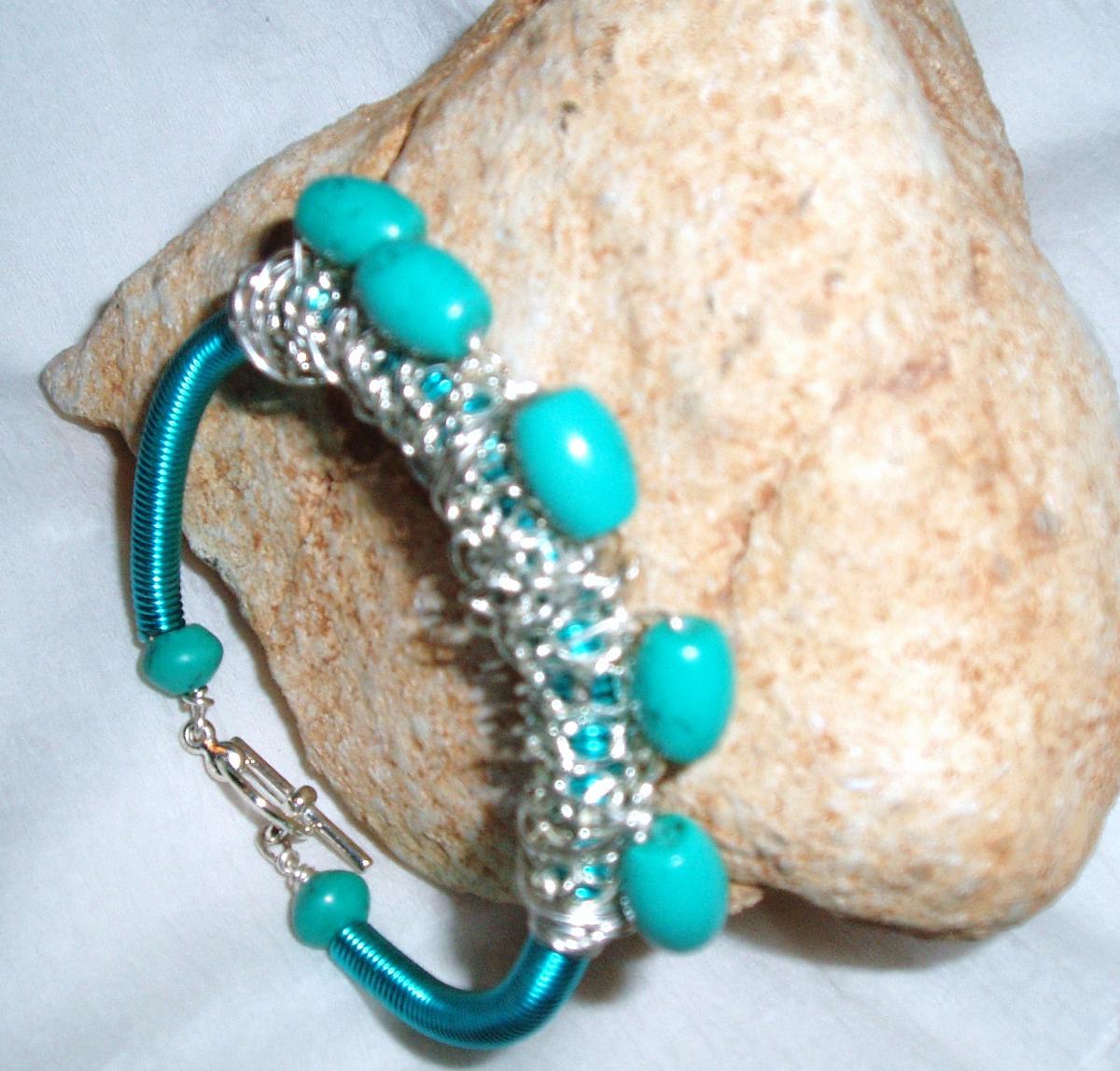 Turquoise Gemstone And Turquoise Wire Coil Bracelet Handmade Jewelry
