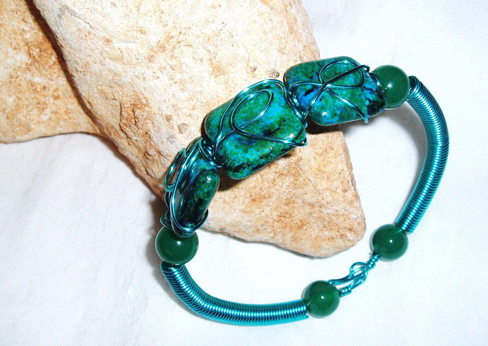 Green Chrysocolla And Turquoise Wire Coil Bracelet Handmade Jewelry