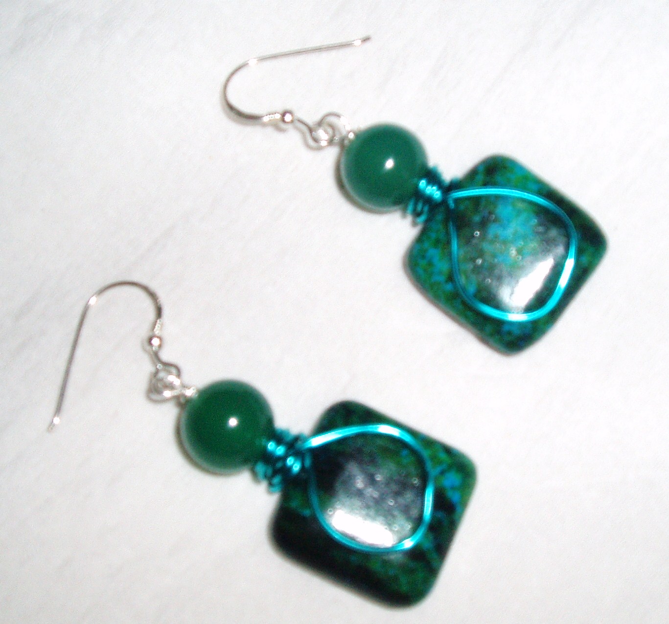 Green Chrysocolla And Turquoise Wire Wrap Earring Handmade Jewelry Gift