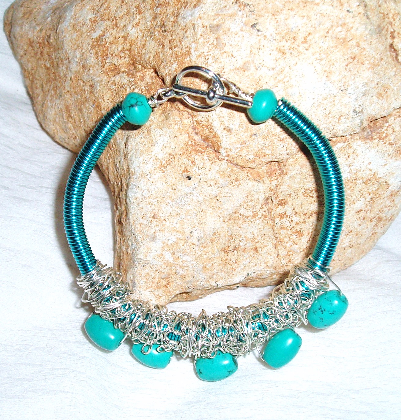 Turquoise Gemstone And Turquoise Wire Coil Bracelet Handmade Jewelry